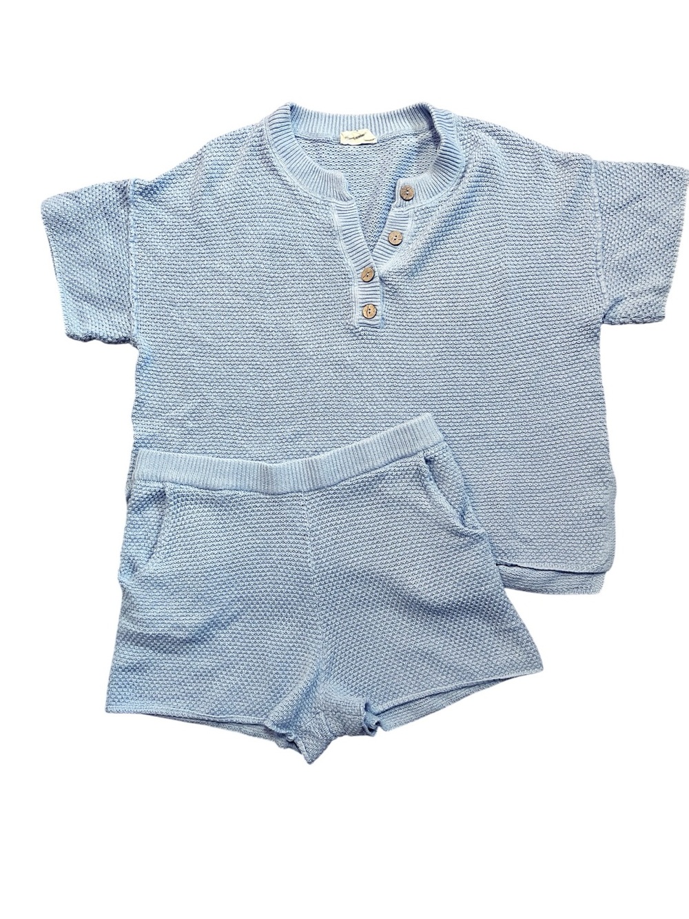 Heyson Light Blue Knit Set - Short Sleeve Henley Top & Shorts L
